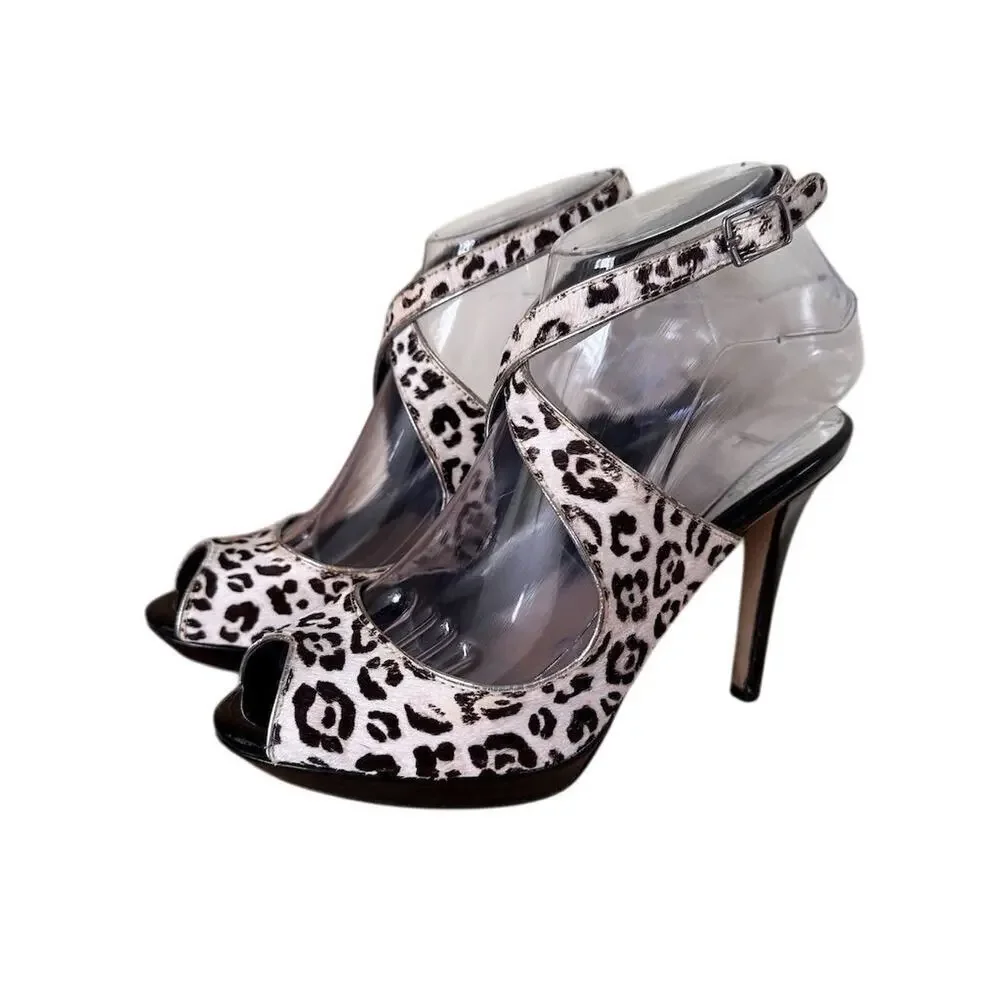 🌸3/$15🌸 WHBM Women’s Leopard Print Calf Hair Peep Toe Strappy Heels‎ Size 6.5
